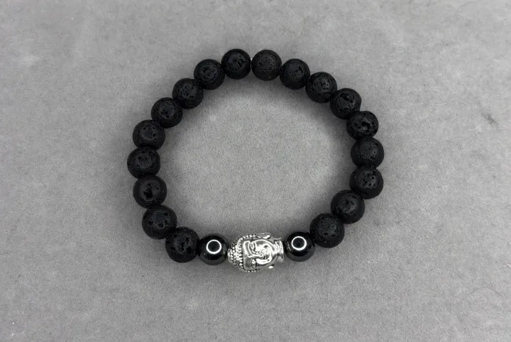 Pulsera piedra volcánica + hematita y dije Buda