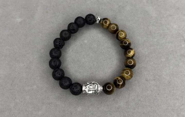 Pulsera piedra volcánica + ojo de tigre y dije Buda