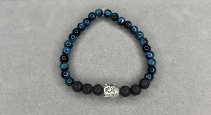 Pulsera Ojo de Tigre + Piedra Volcánica + dije Buda