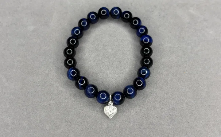 Pulsera Ojo de Tigre Azul + Dije Corazón