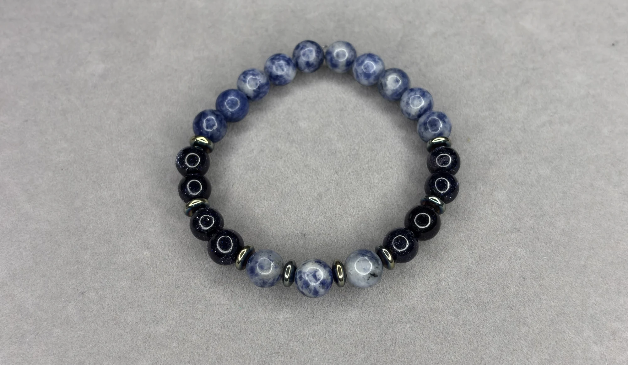 Pulsera Jaspe Sedimentado Azul + Lluvia de Plata + Hematita
