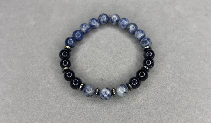 Pulsera Jaspe Sedimentado Azul + Lluvia de Plata + Hematita