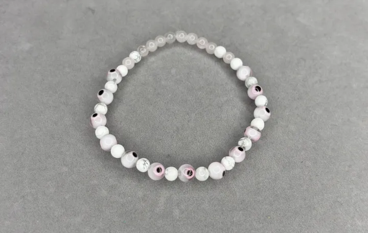 Pulsera Cuarzo Rosa + Howlita + Ojos Turcos Rosa